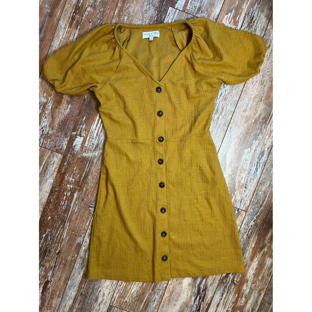 Madewell Texture & Thread Mustard Yellow Puff Sleeve Button Front Mini Dress XS